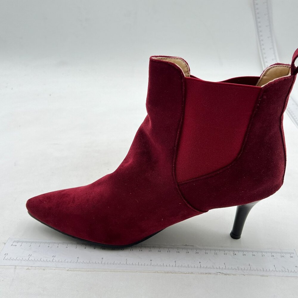 Wine Women's Pointed Toe Mid Heel Ankle Boot Elastic Pull On Chelsea Boots
